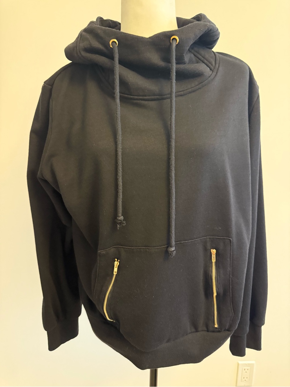 Black Hoodie Sweater with Gold Zippers and Funnel Hood